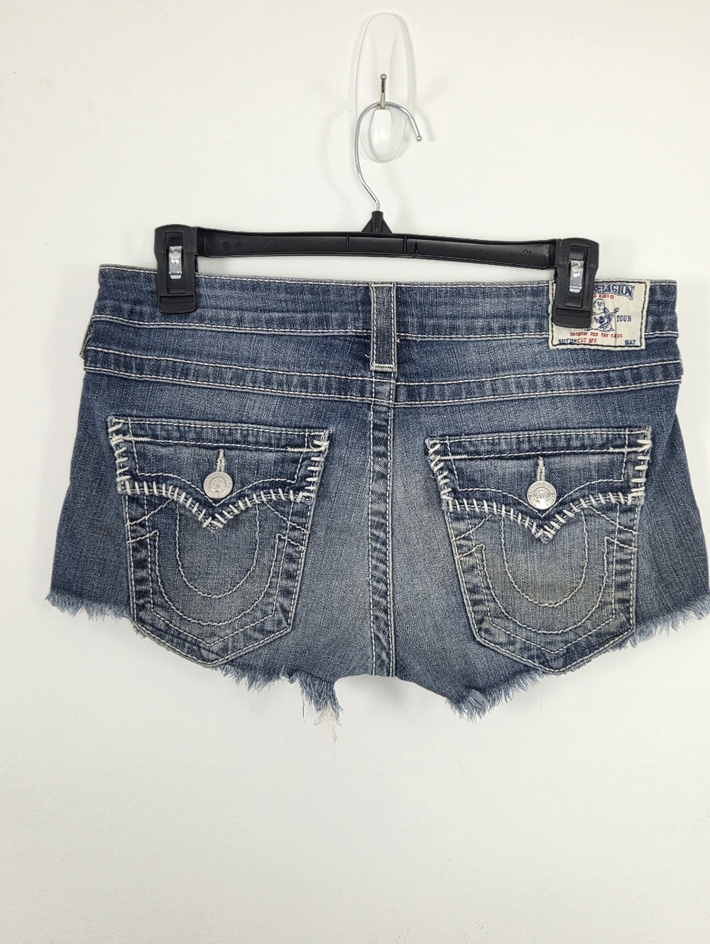 TRUE RELIGION Women's BIG T Flap Cut-off Blue Jean Shorts Size 30